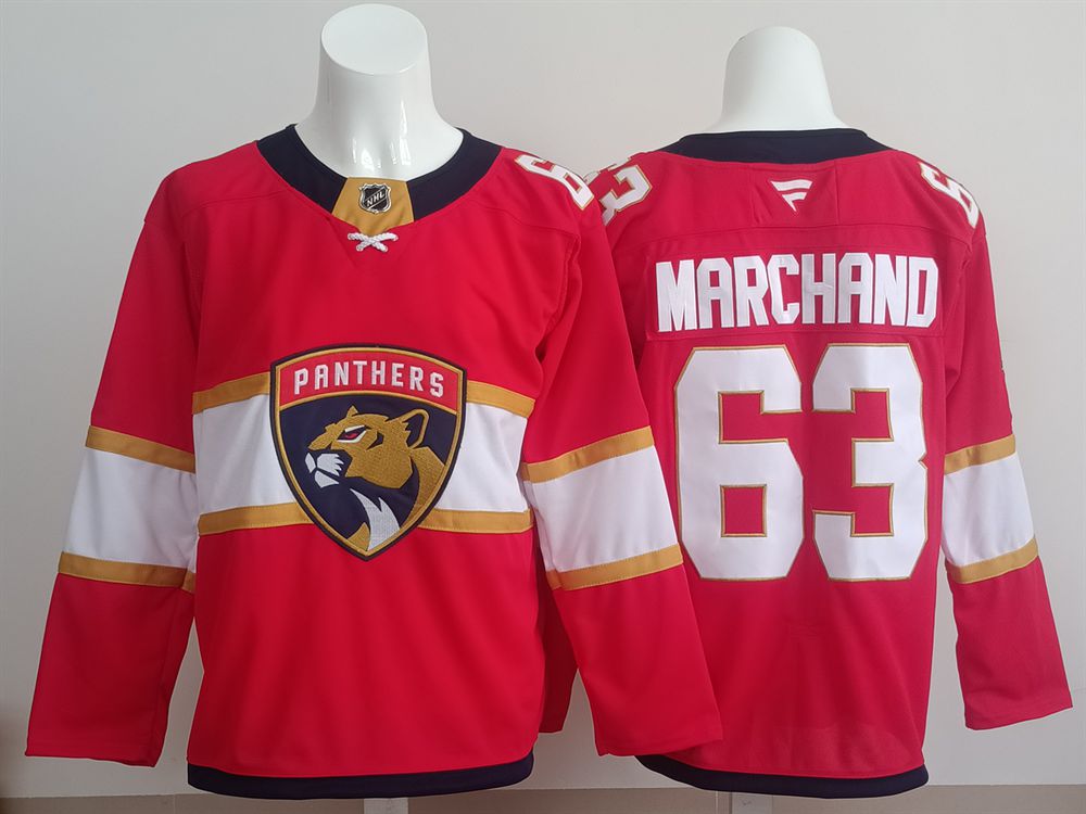 Men 2025 Florida Panthers 63 Marchand Red Fanatics Home Premium NHL Jersey style 1
